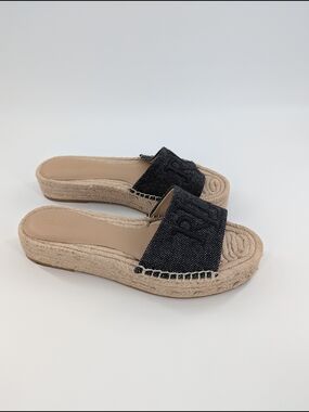 LRL Polly Denim Espadrille Slides Blue Monogram Jute Platform Sandals Women's 7